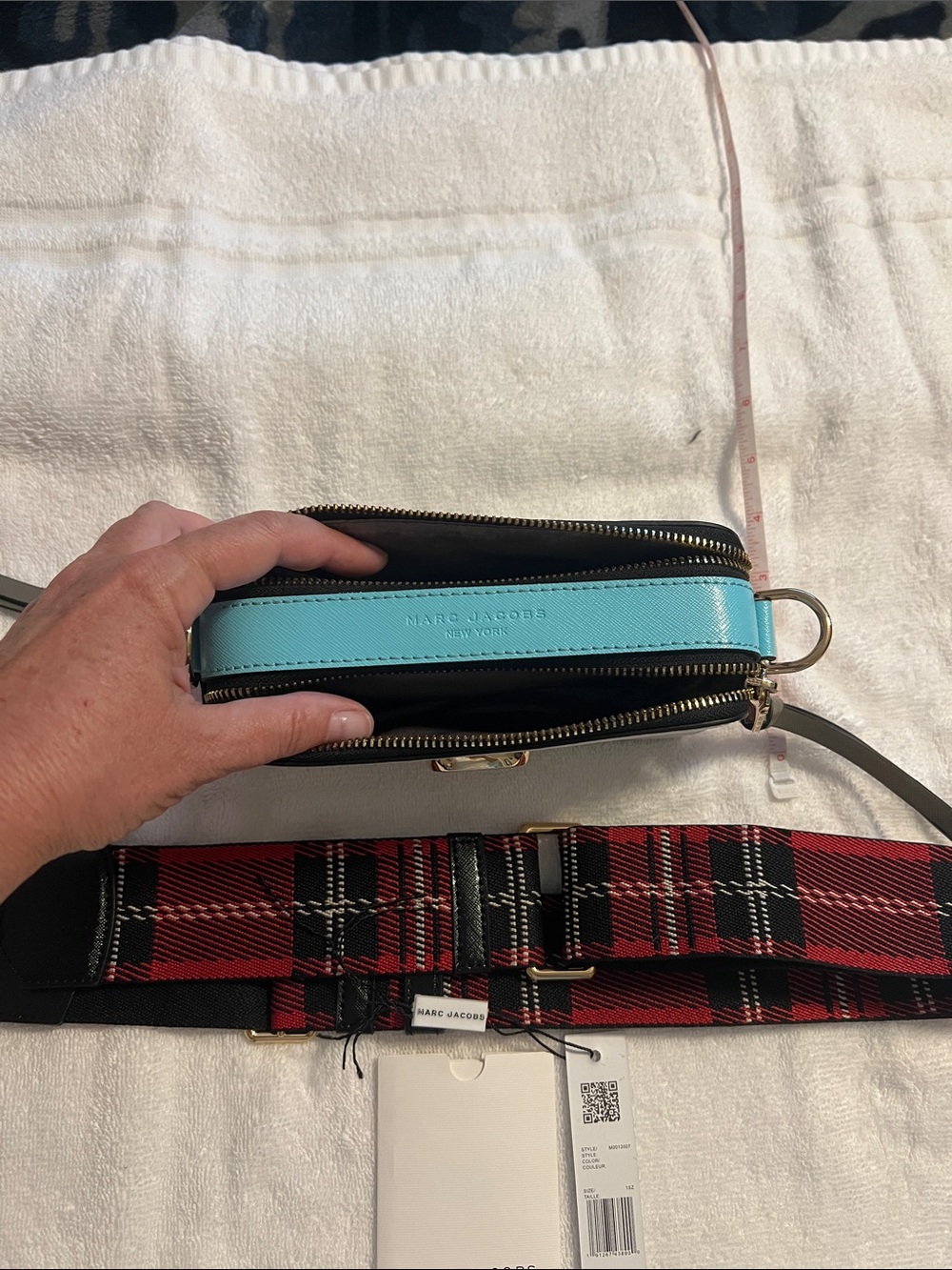 Marc Jacobs White, Red & Gray Snapshot Crossbody with Tartan Strap - Picture 3 of 4